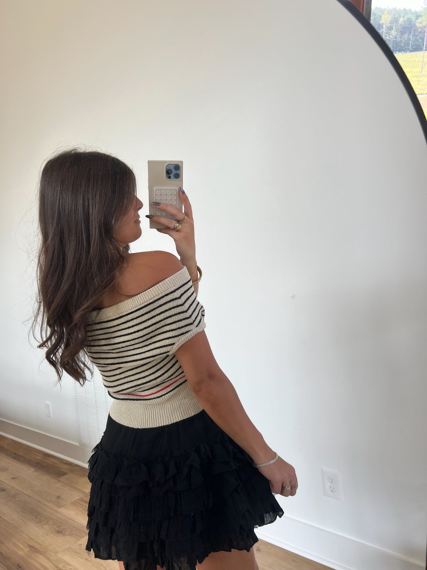 Cream Off The Shoulder Top (Black/Red Stripe)