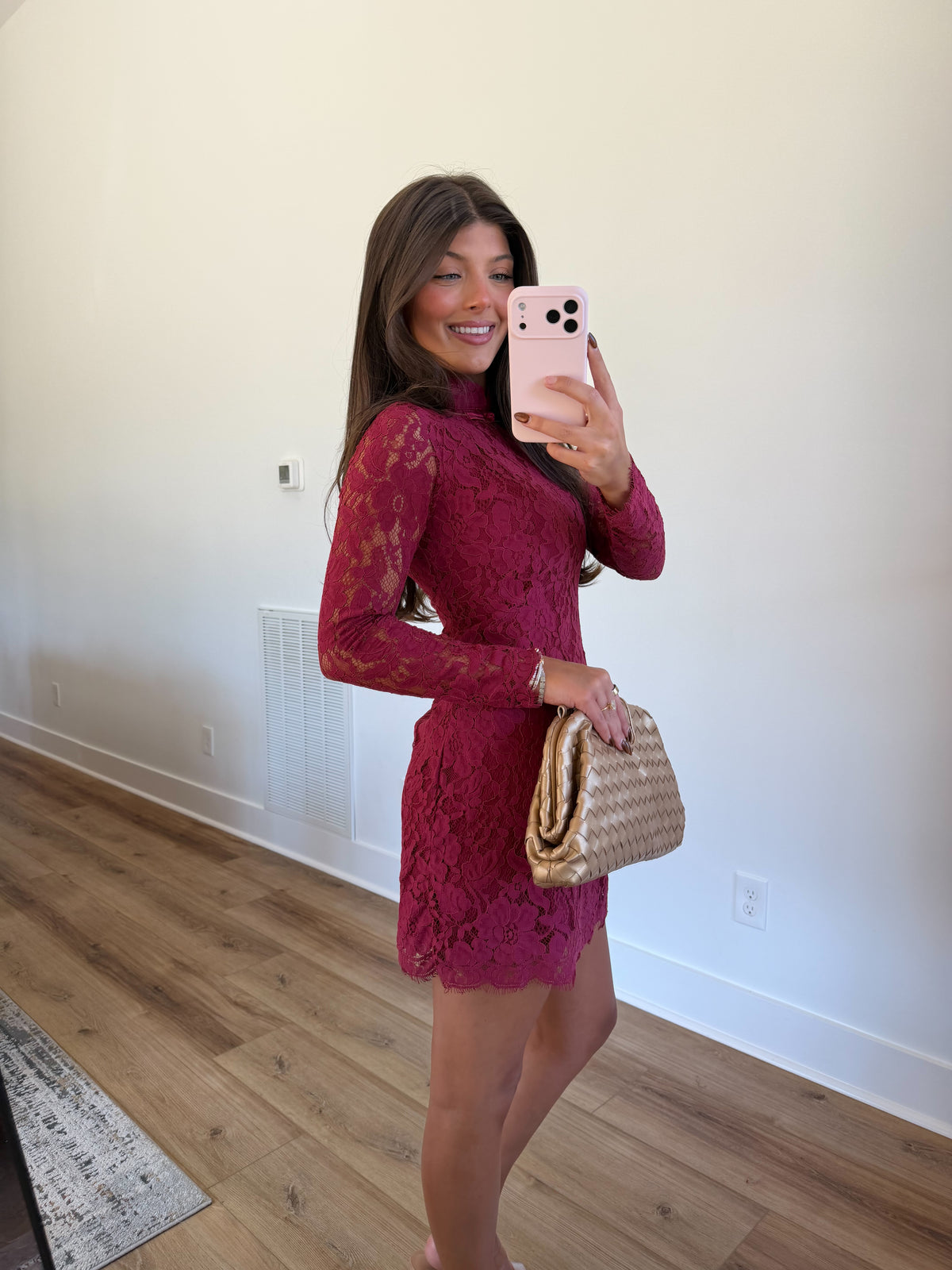 Floral Lace Mock Neck Mini Dress (Burgundy)
