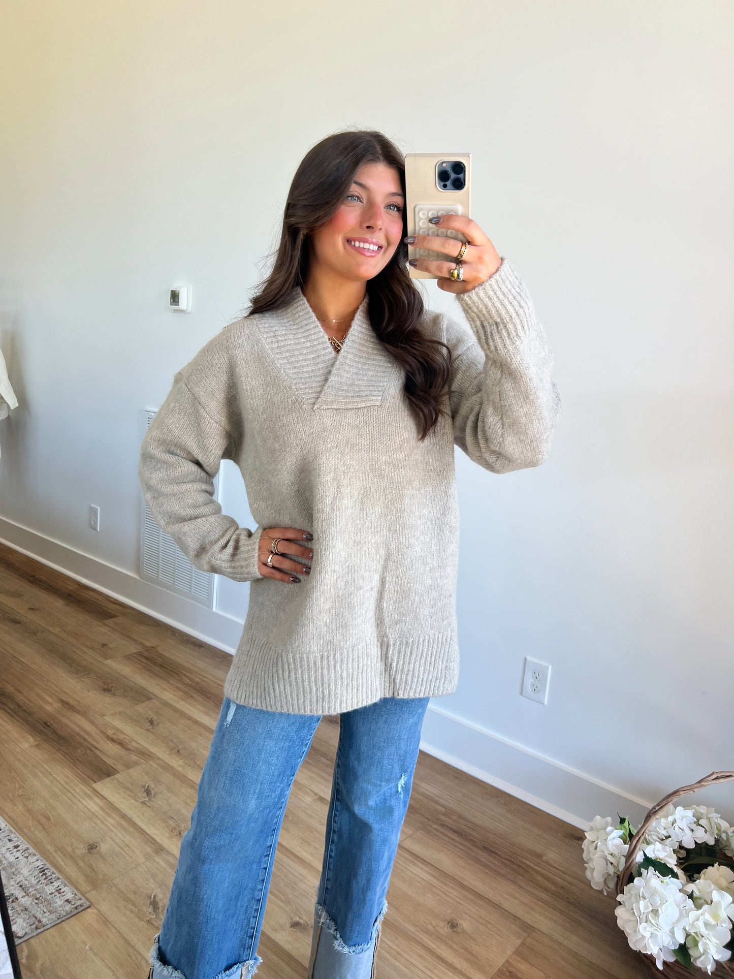 Oatmeal Slouchy V-Neck Sweater