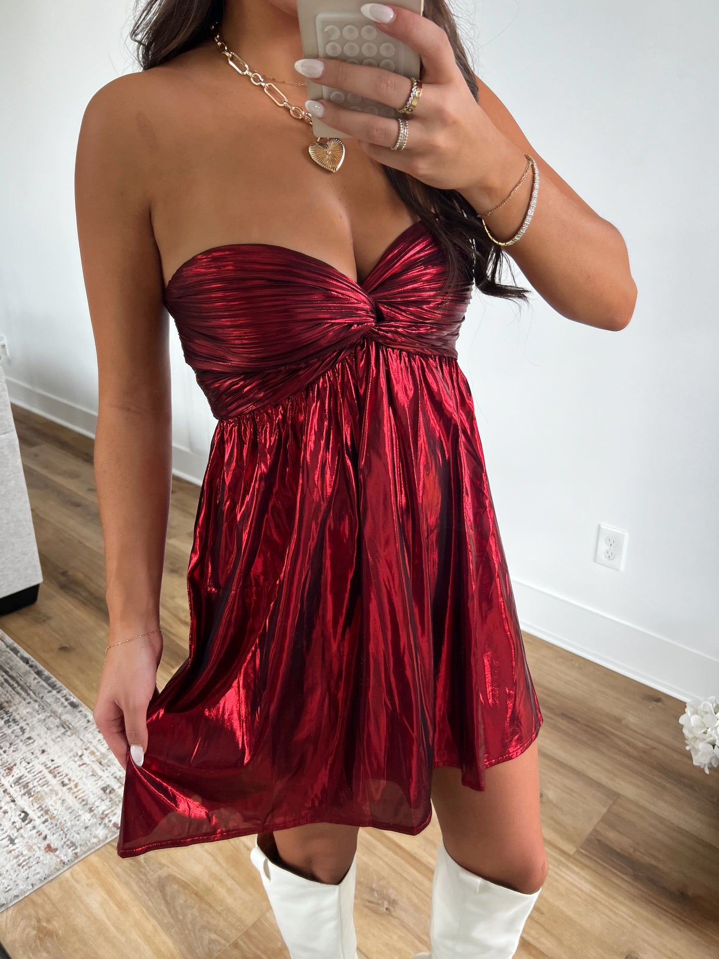 Red Metallic Strapless Holiday Dress