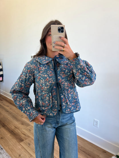 Floral Front Collar Heart Quilted Jacket