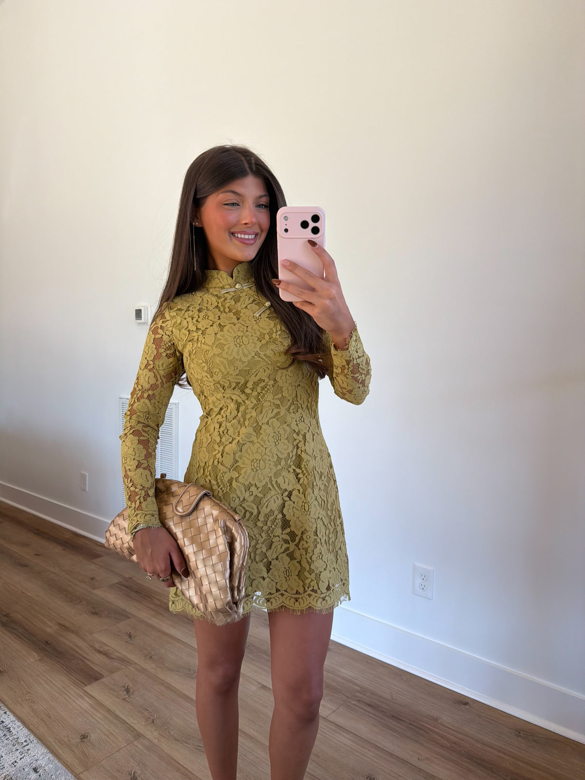 Floral Lace Mock Neck Mini Dress (Green)