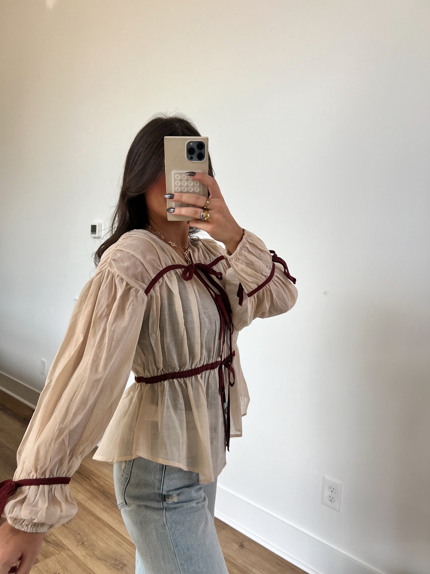 Front Tie Blouse (Cream/Maroon)