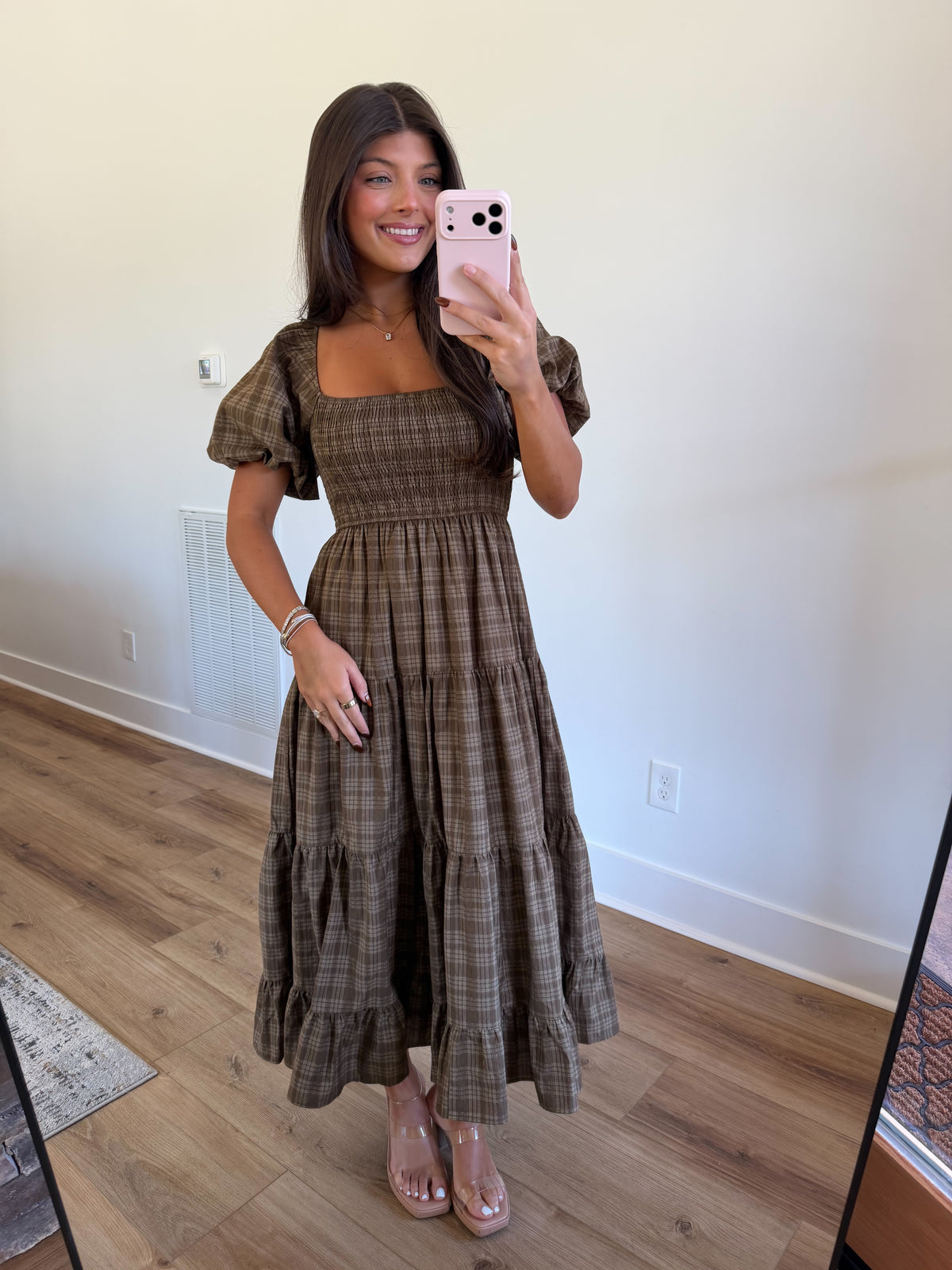 Brown Plaid Smocked Tiered Midi Dress