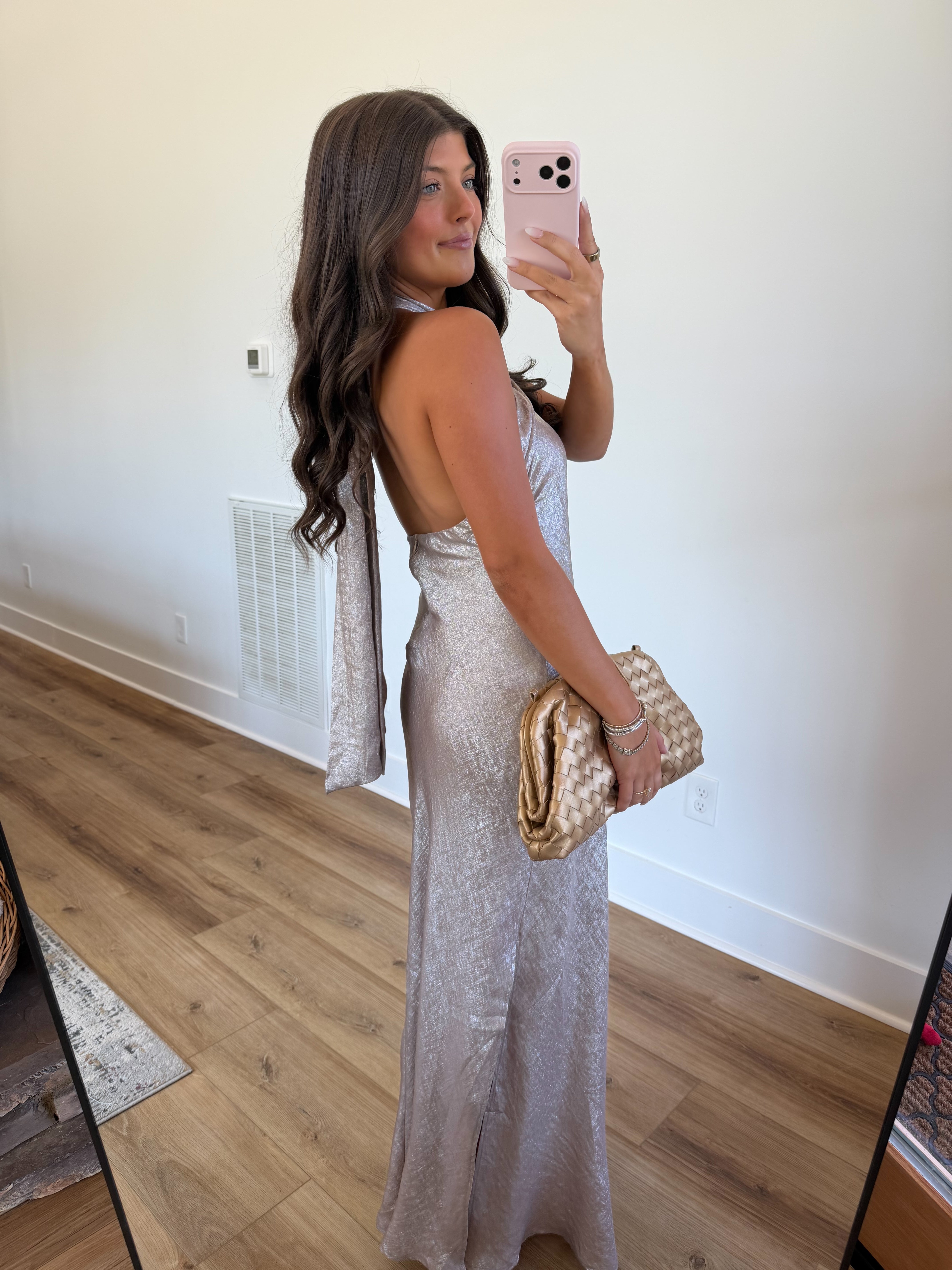 Champagne Satin Halter Maxi Dress