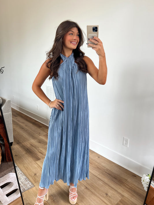 Dusty Blue Cross Front Maxi Dress