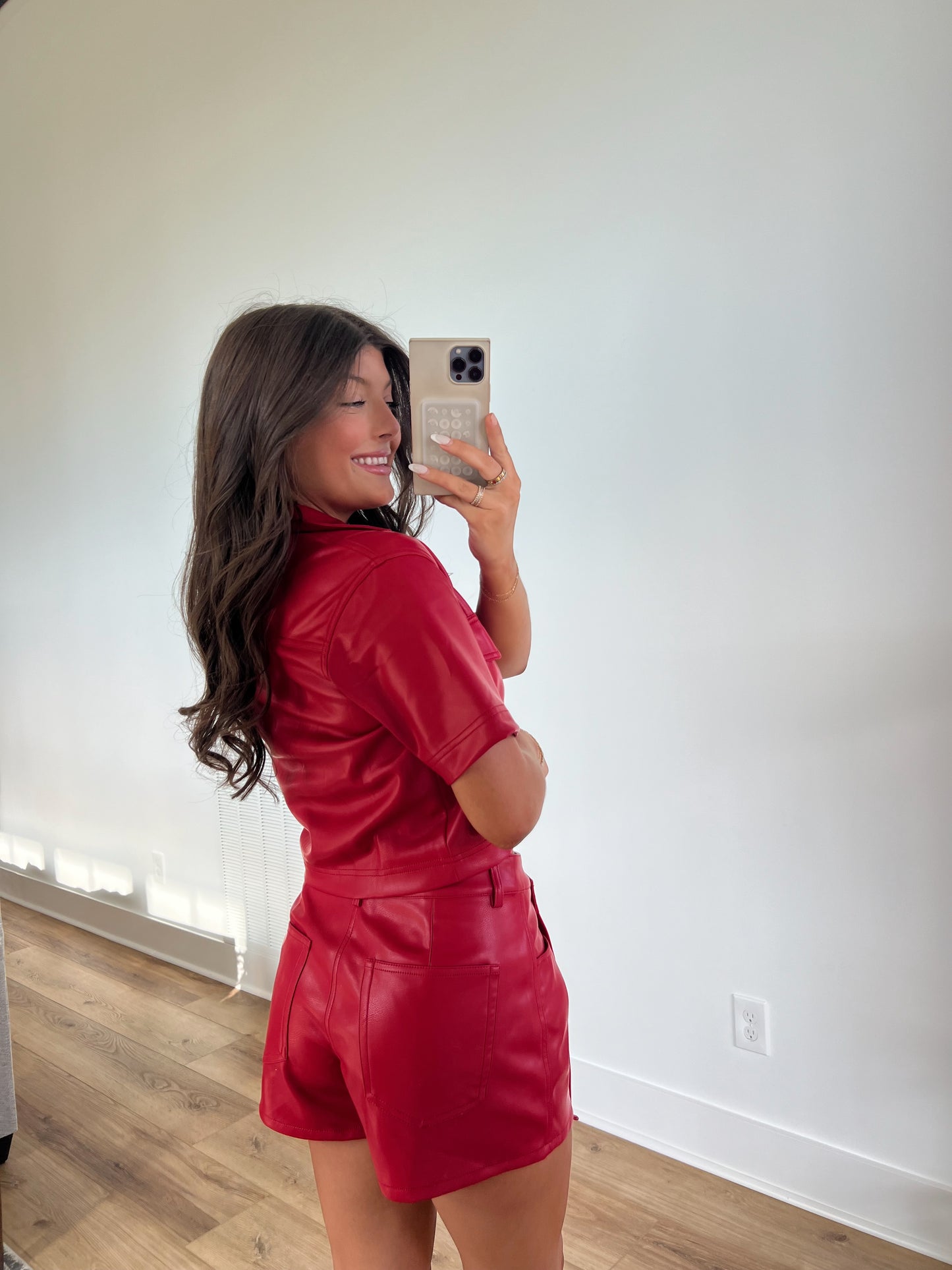 Red Leather Asymmetrical Skort Set