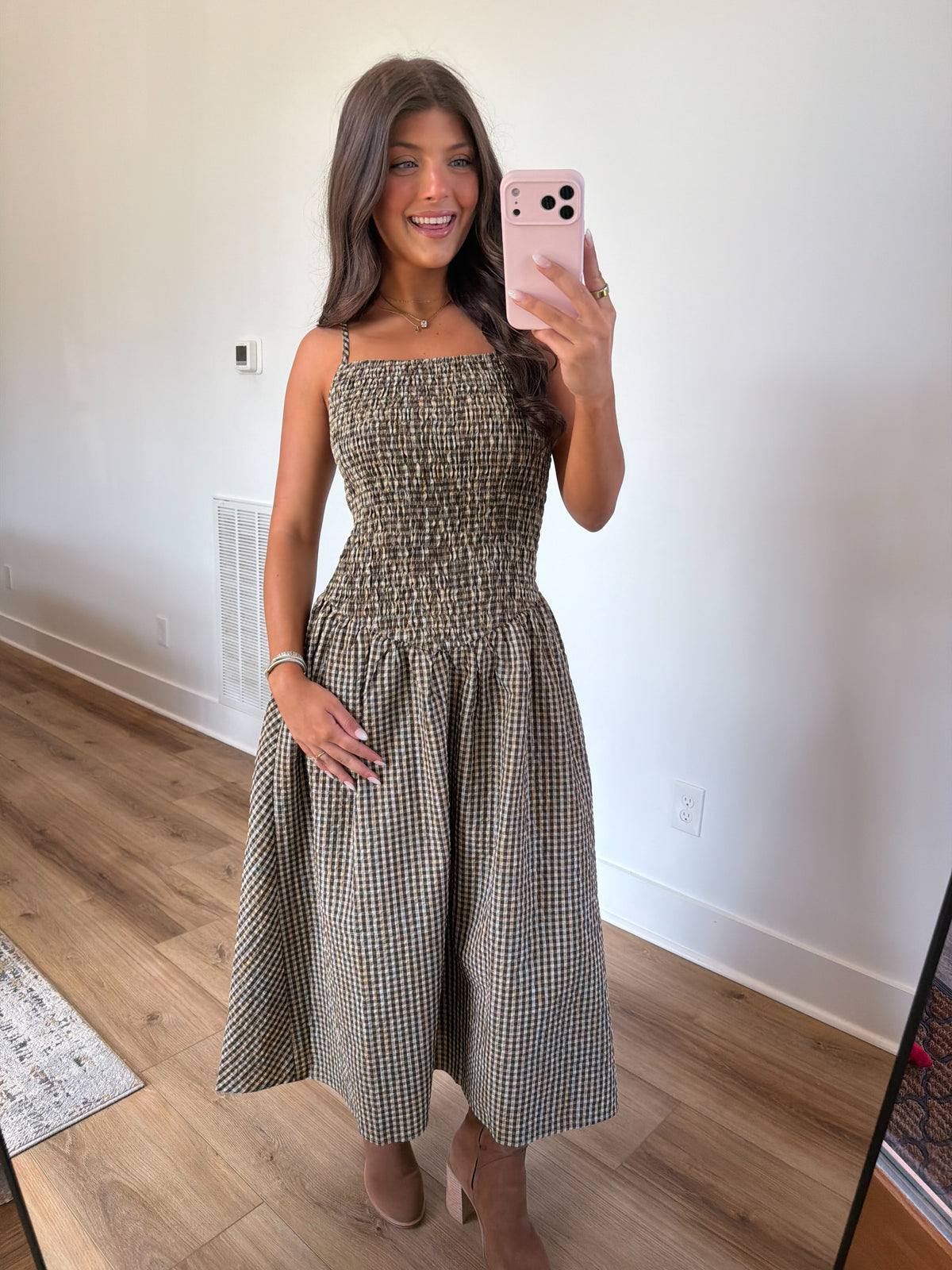 Brown Gingham Drop Waist Midi