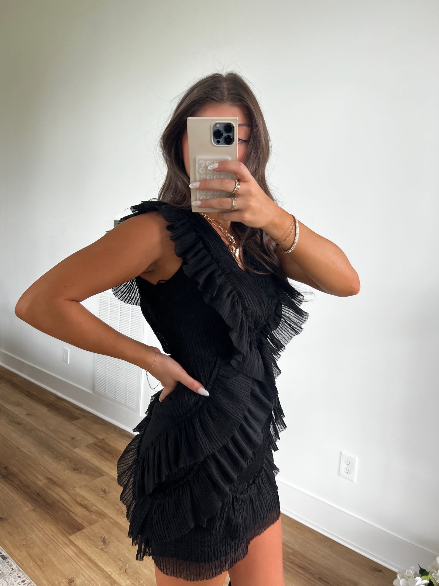 Black Ruffle Back Cut-Out Mini Dress