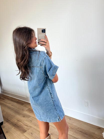 Hidden Button Down Denim T-Shirt Dress