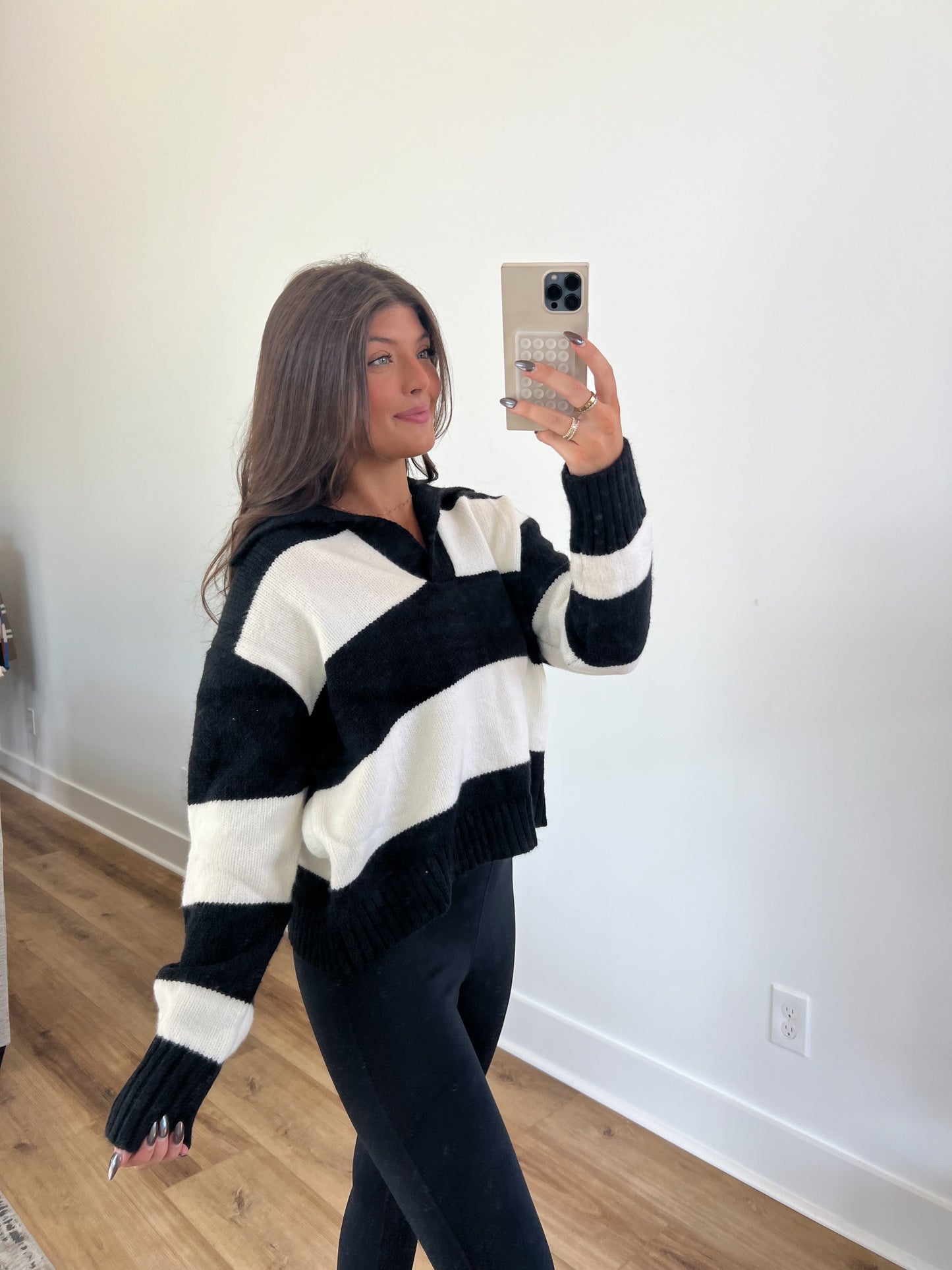 Black/White Stripe Polo Sweater