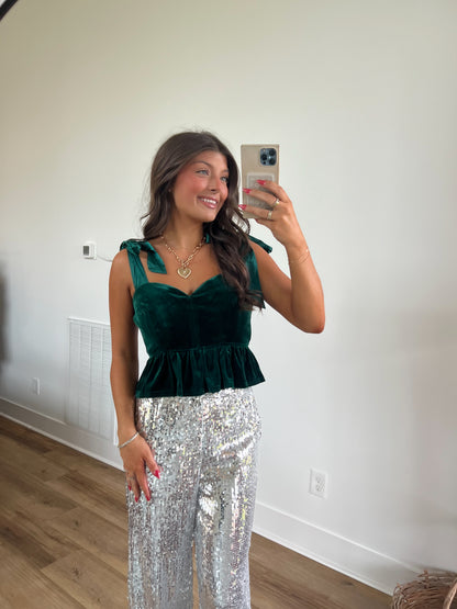 Flirty Velvet Ruffle Top (Christmas Green)