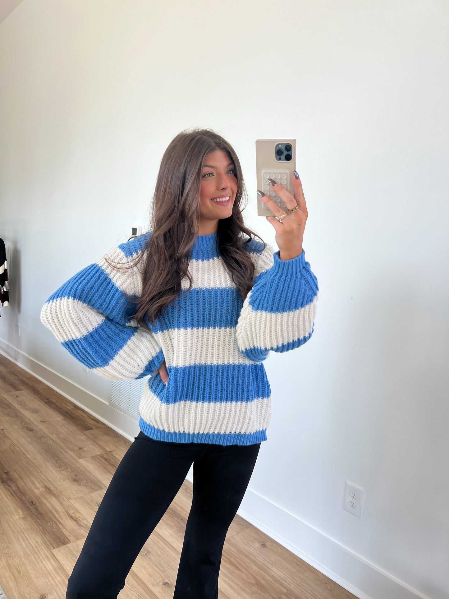 Blue Oversized Fluffy Stripe Sweater