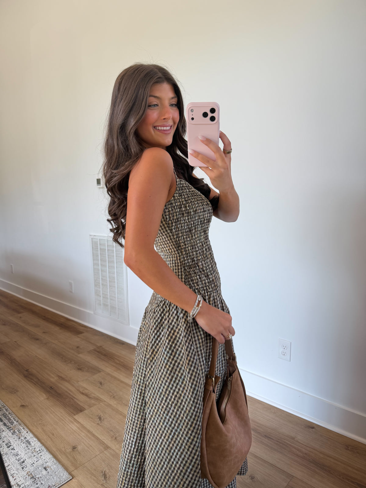 Brown Gingham Drop Waist Midi