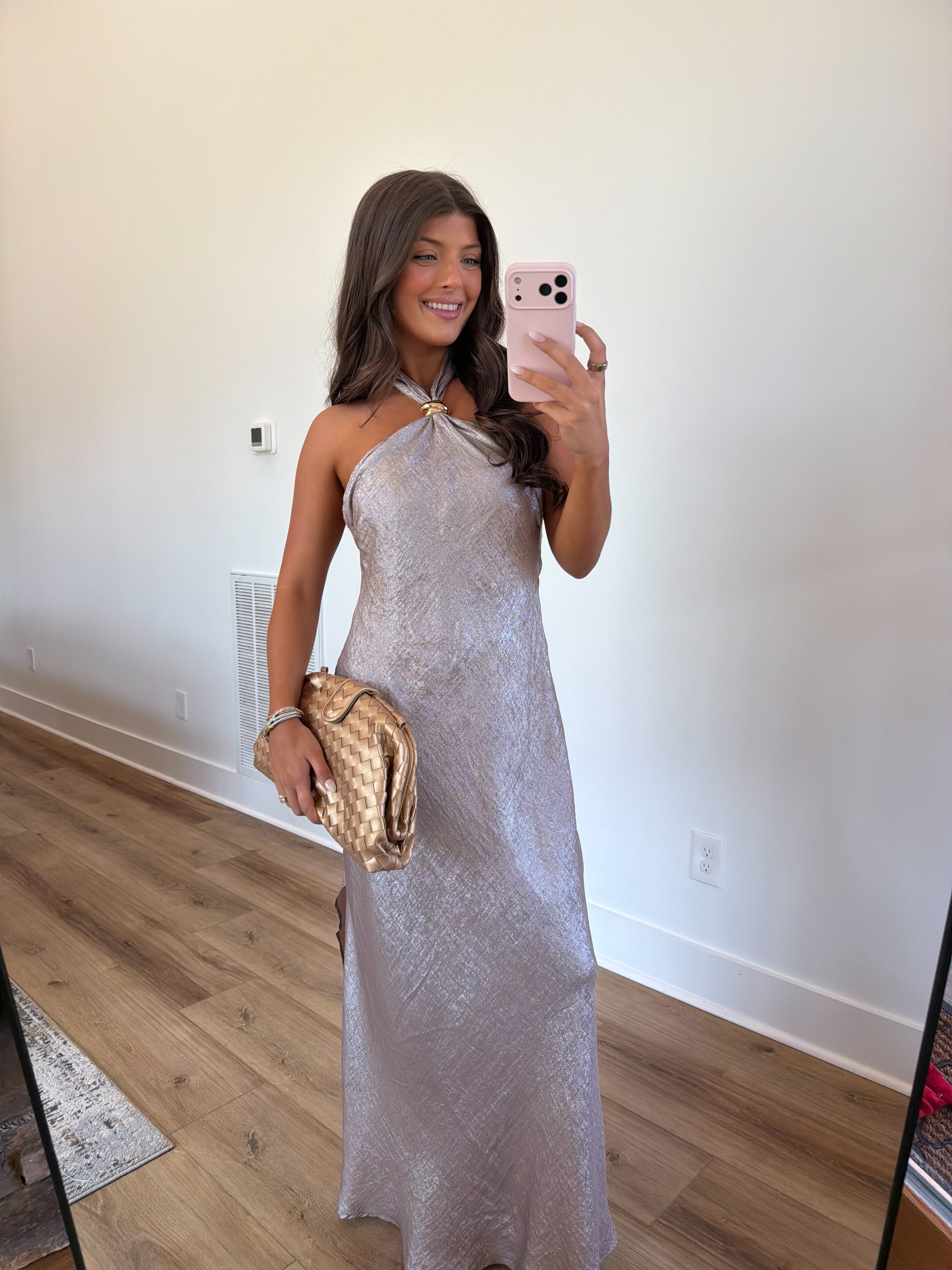 Champagne Satin Halter Maxi Dress