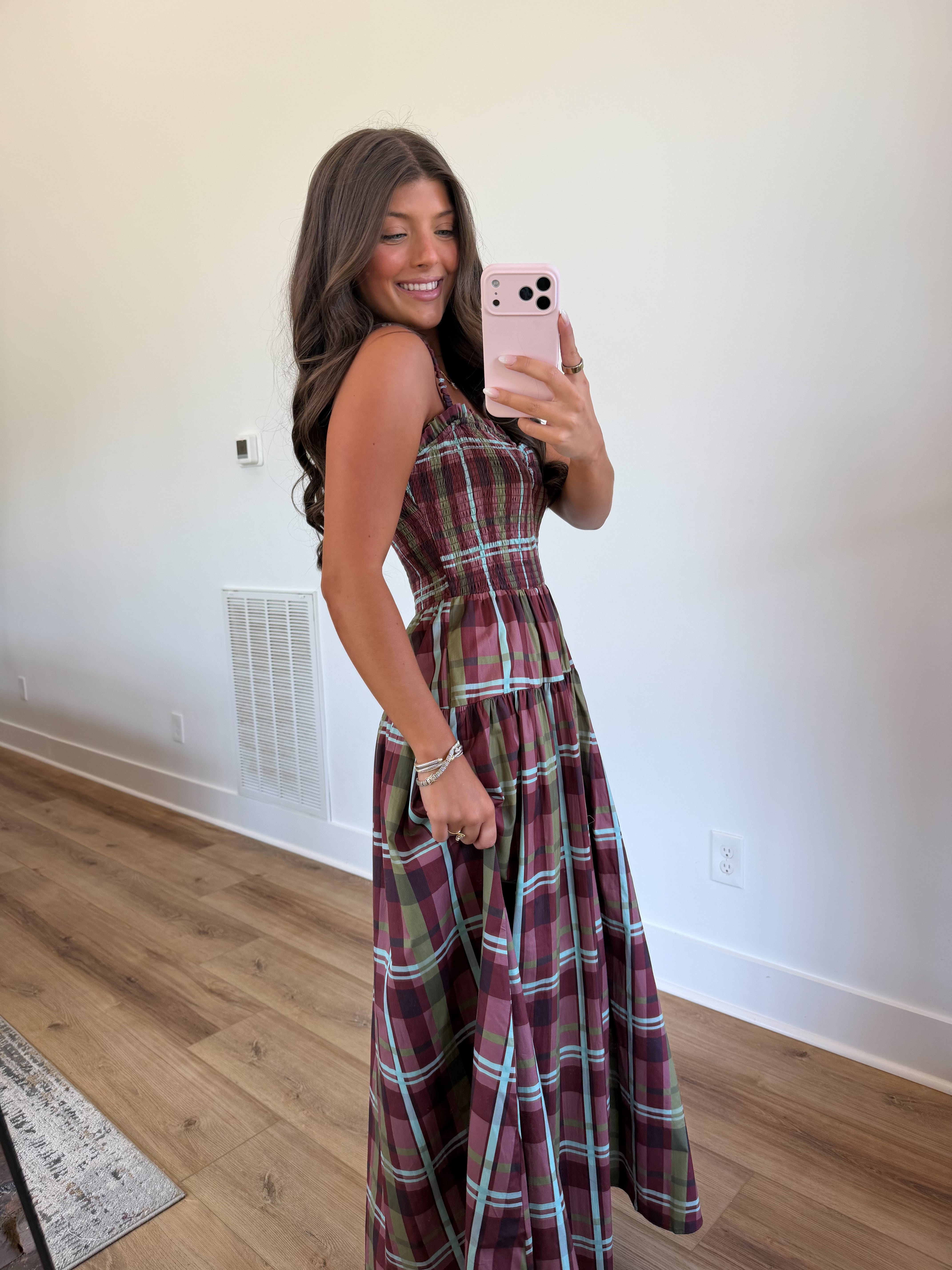 Burgundy Plaid Smocked Maxi Dress