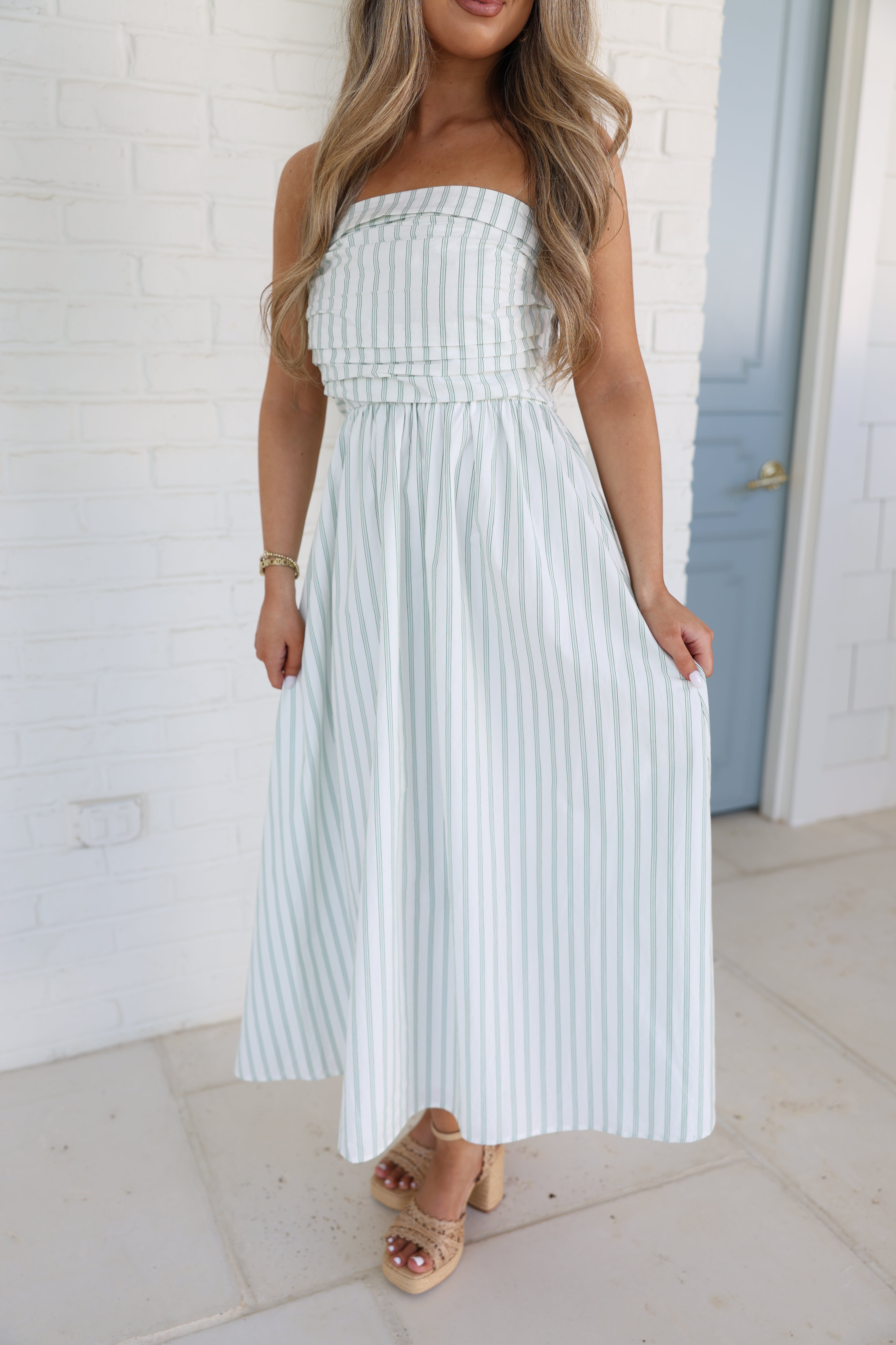 The Nantucket Strapless Dress (Green Stripes)