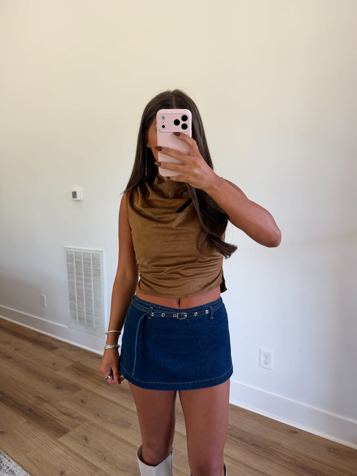 Camel Suede Cowl Neck Top