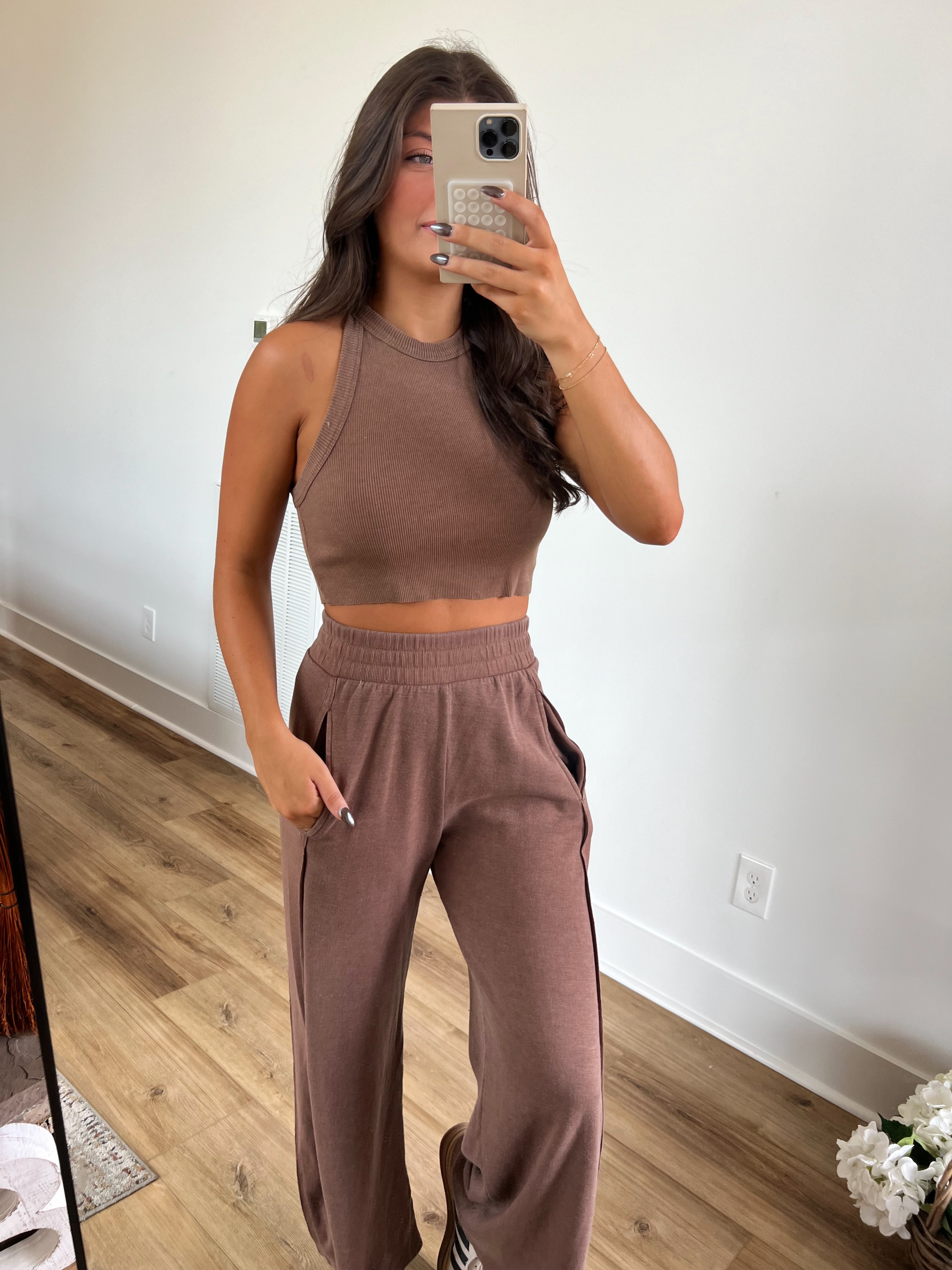Ribbed Tank Wide Leg Pant Set (Chocolate Brown)(Restock)