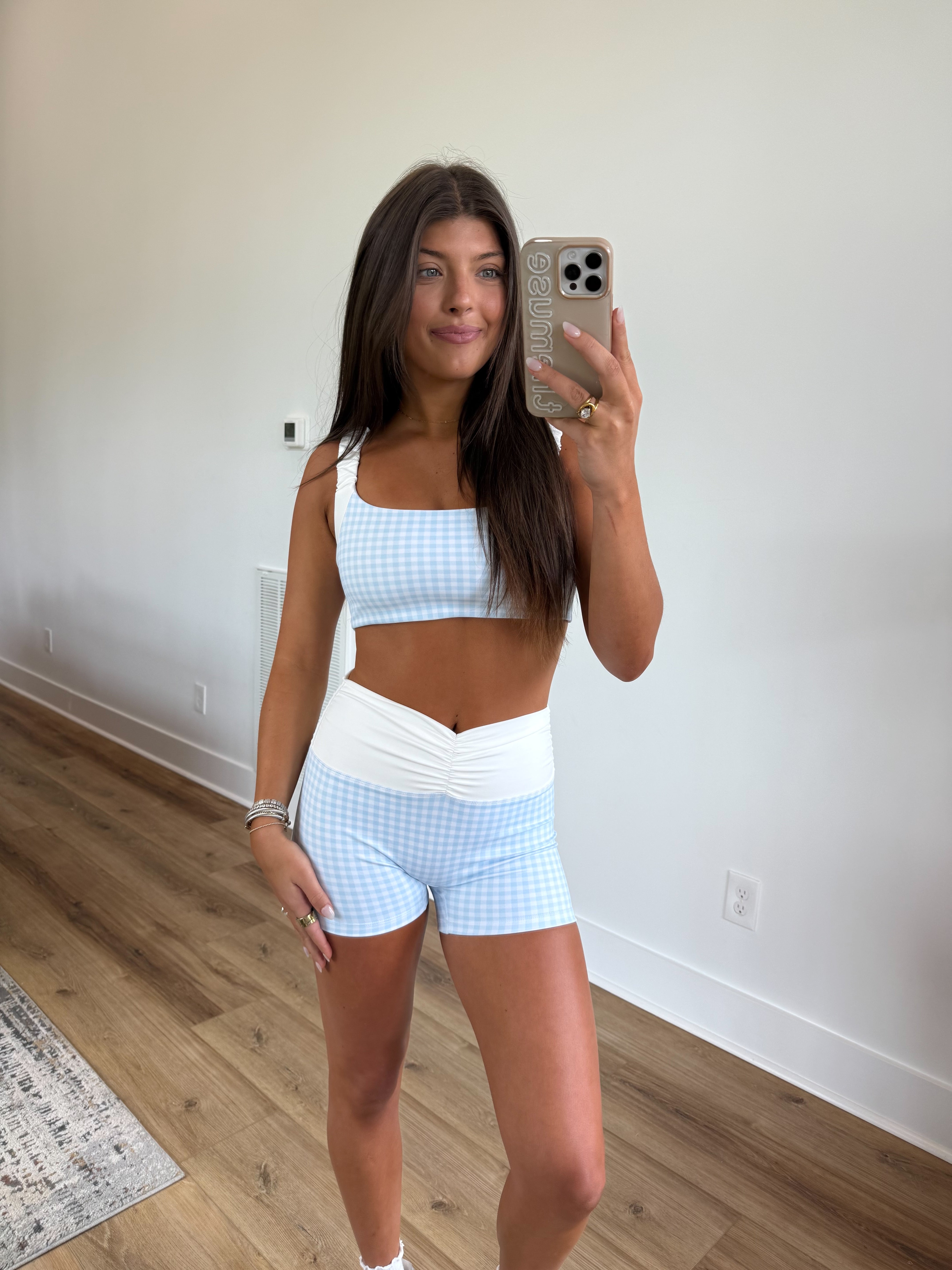 Blue Gingham Ruched Biker SHORTS