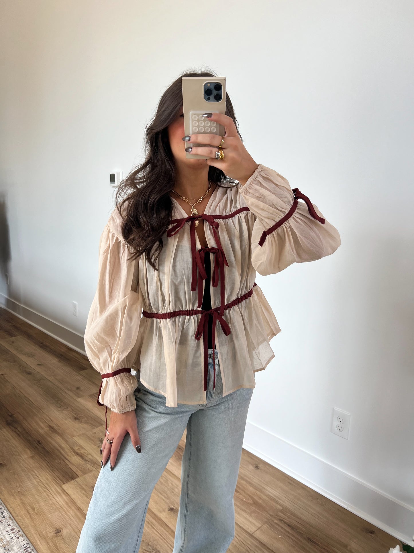 Front Tie Blouse (Cream/Maroon)