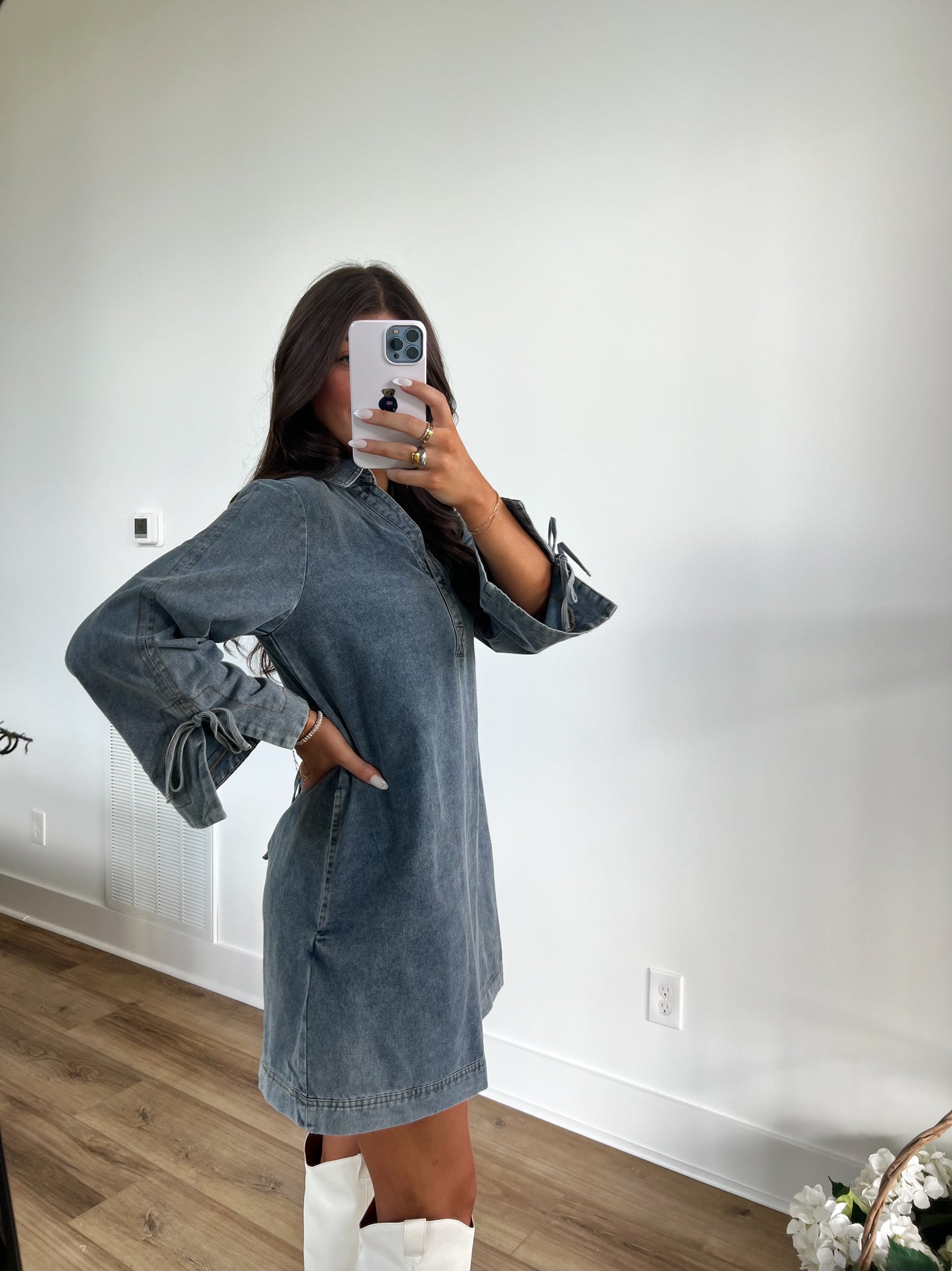 Denim Bow Sleeve Proper Dress (Restock)