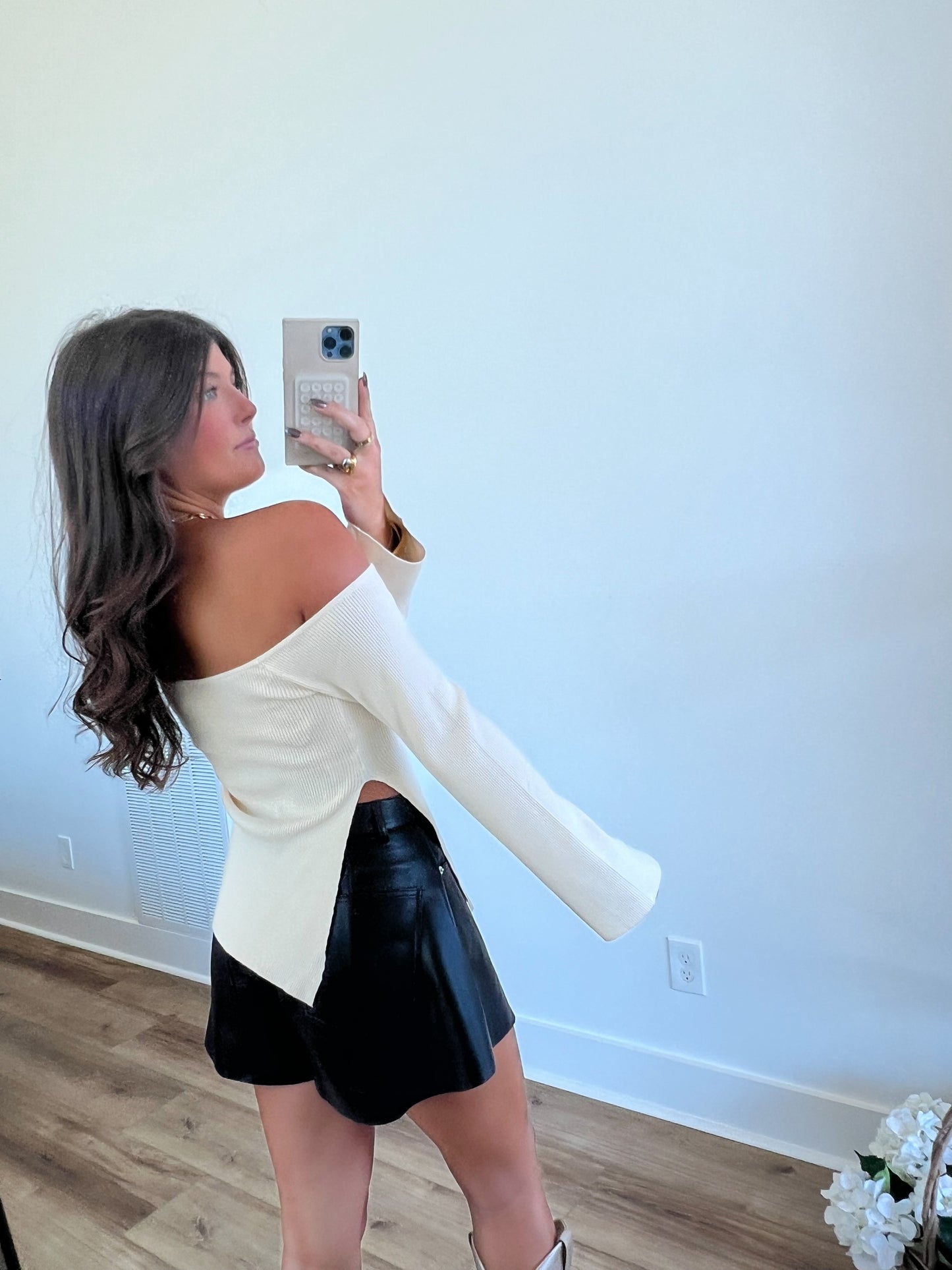 Cream Off The Shoulder Side Slit Top (PRE-ORDER/Restock)