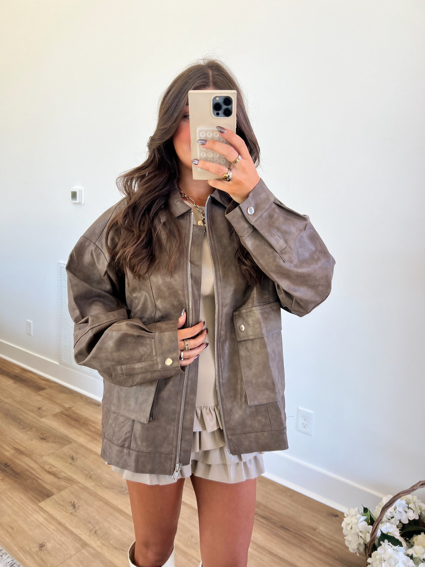 Dark Mocha Vegan Leather Bomber Jacket