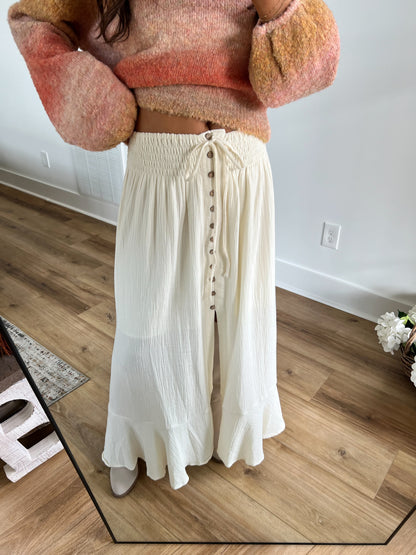 Cream Smocked Front Slit Maxi Skirt