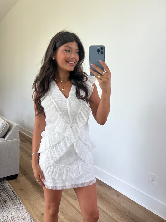White Ruffle Back Cut-Out Mini Dress