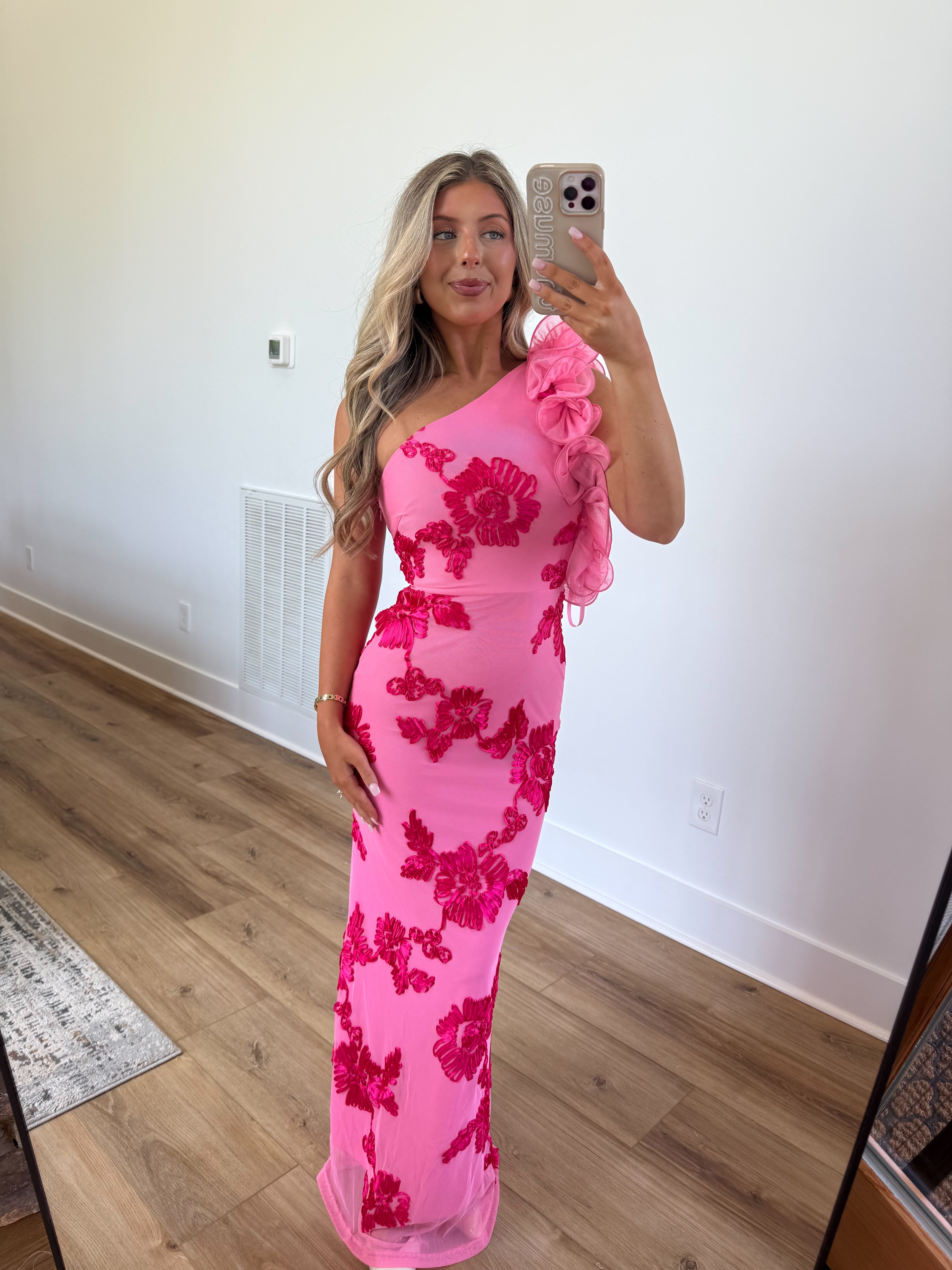 Pink Petals Ruffle Shoulder Maxi