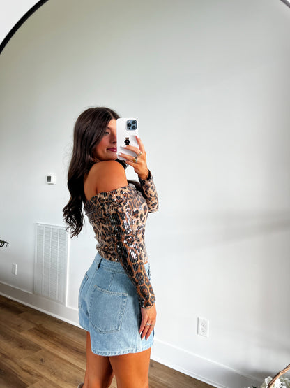 Cheetah Sequin Off The Shoulder Top