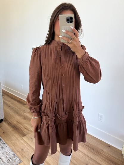 Brown Button Done Pleated Dress