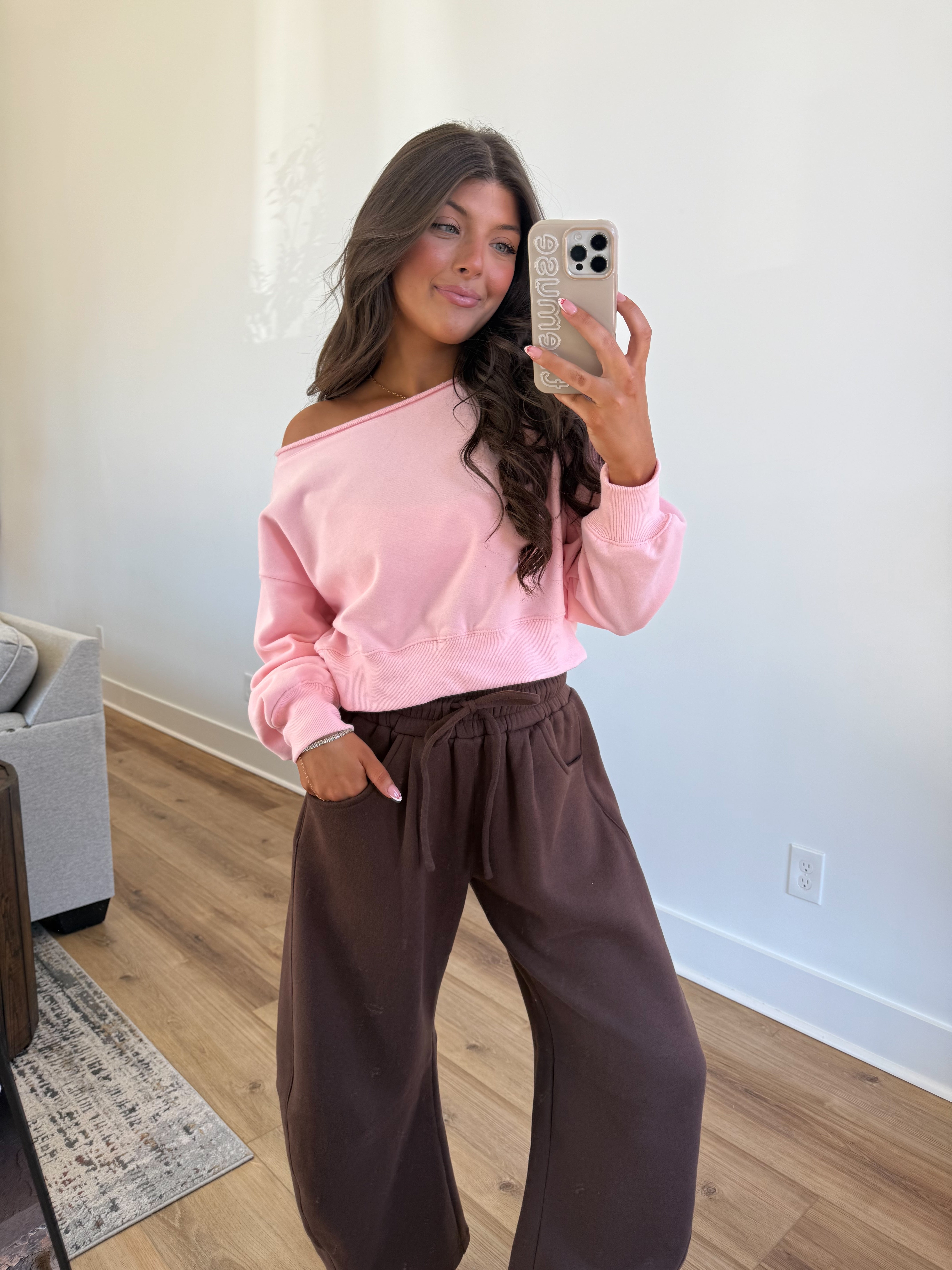 Slouch Off The Shoulder Sweatshirt (Pink)