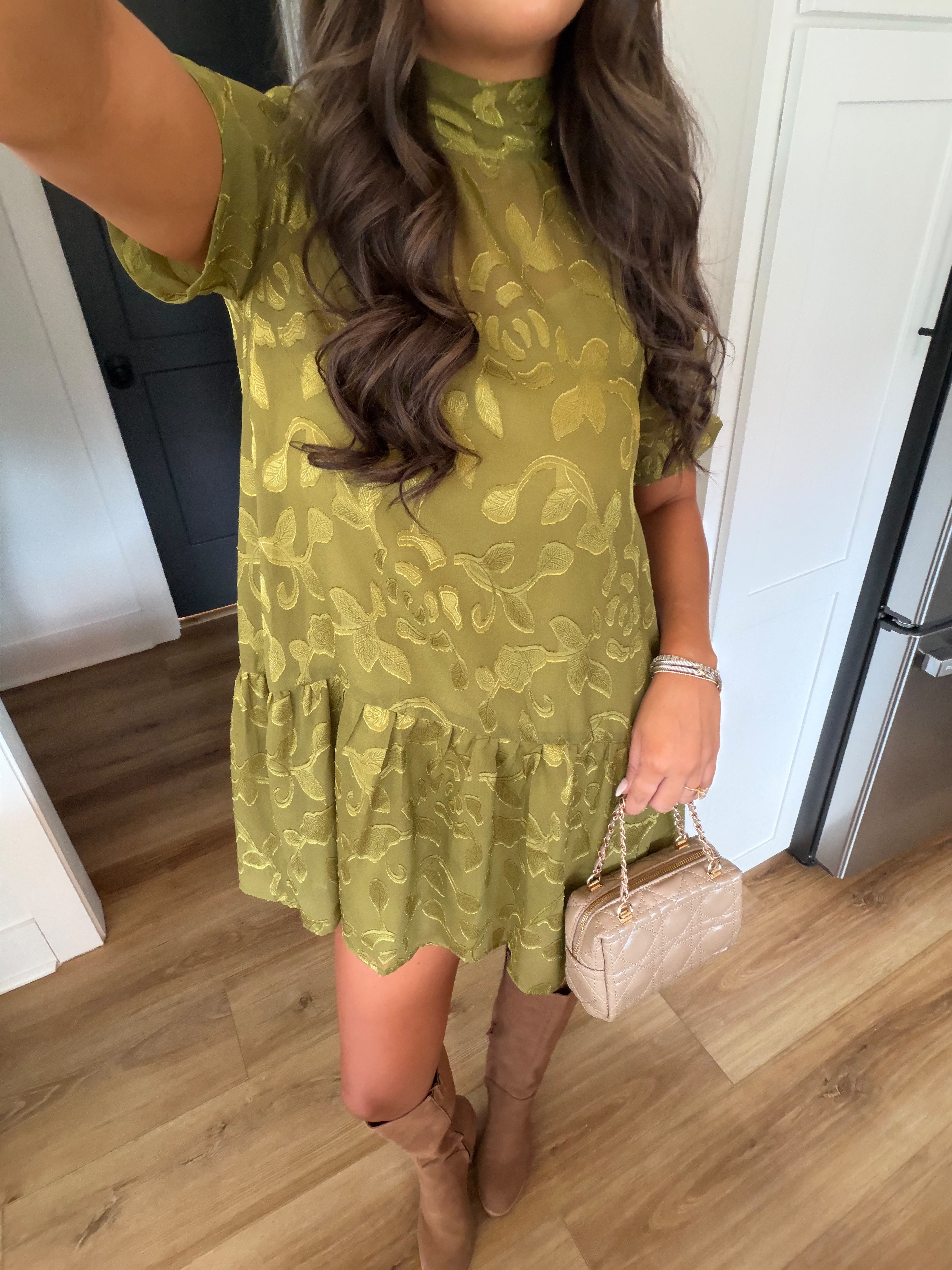 Olive Floral Jacquard Mini Dress