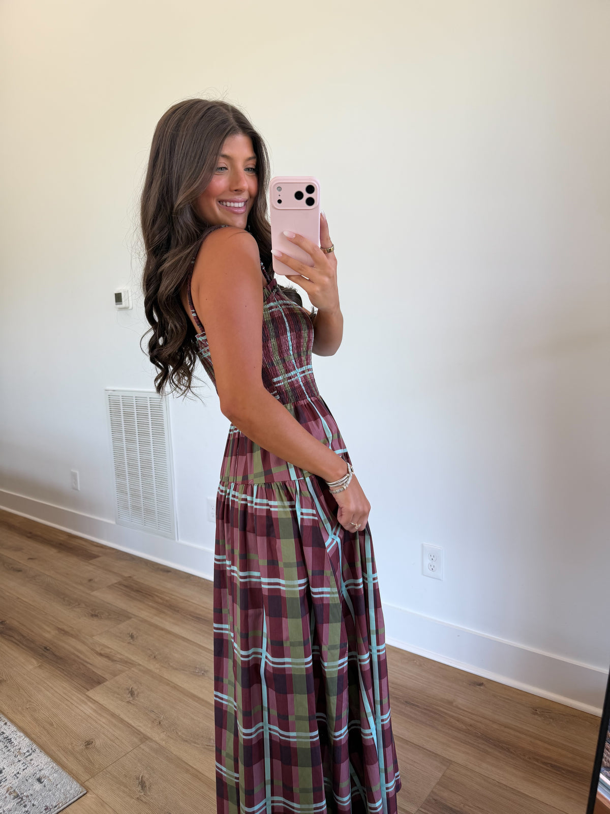 Burgundy Plaid Smocked Maxi Dress