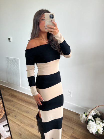 Cream/Black Stripe Midi Dress