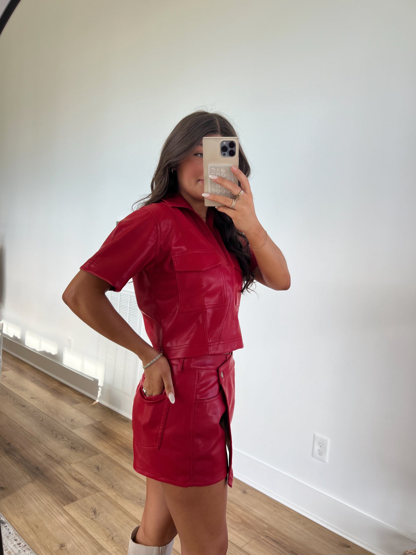 Red Leather Asymmetrical Skort Set