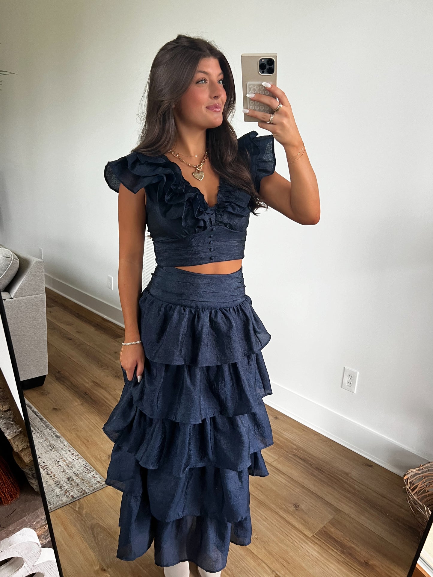 Navy Shimmer Ruffle Skirt Set