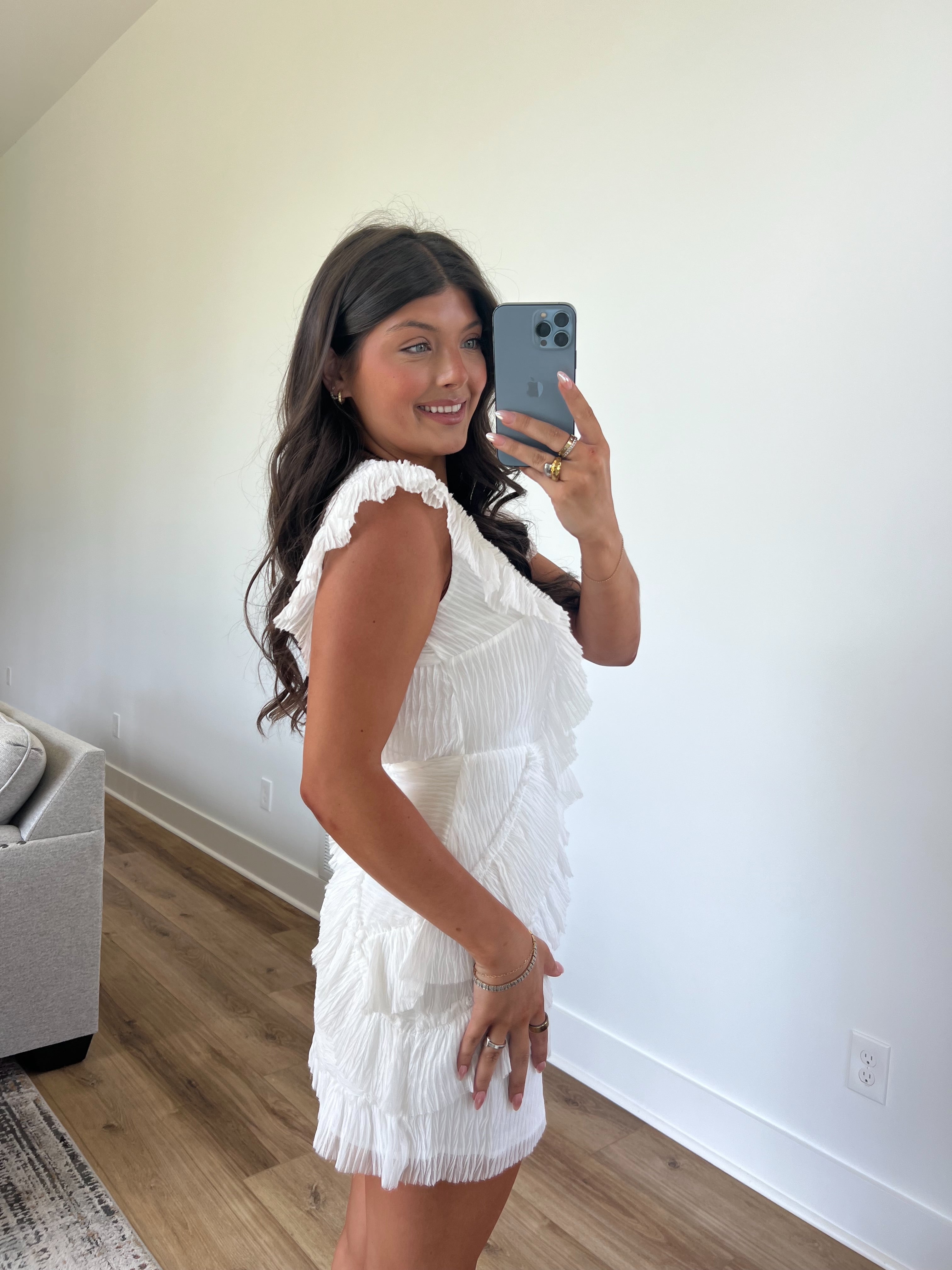 White Ruffle Back Cut-Out Mini Dress