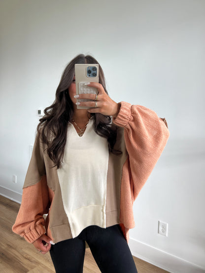 Triple Stripe Sweater Top (Salmon, Taupe, and White)