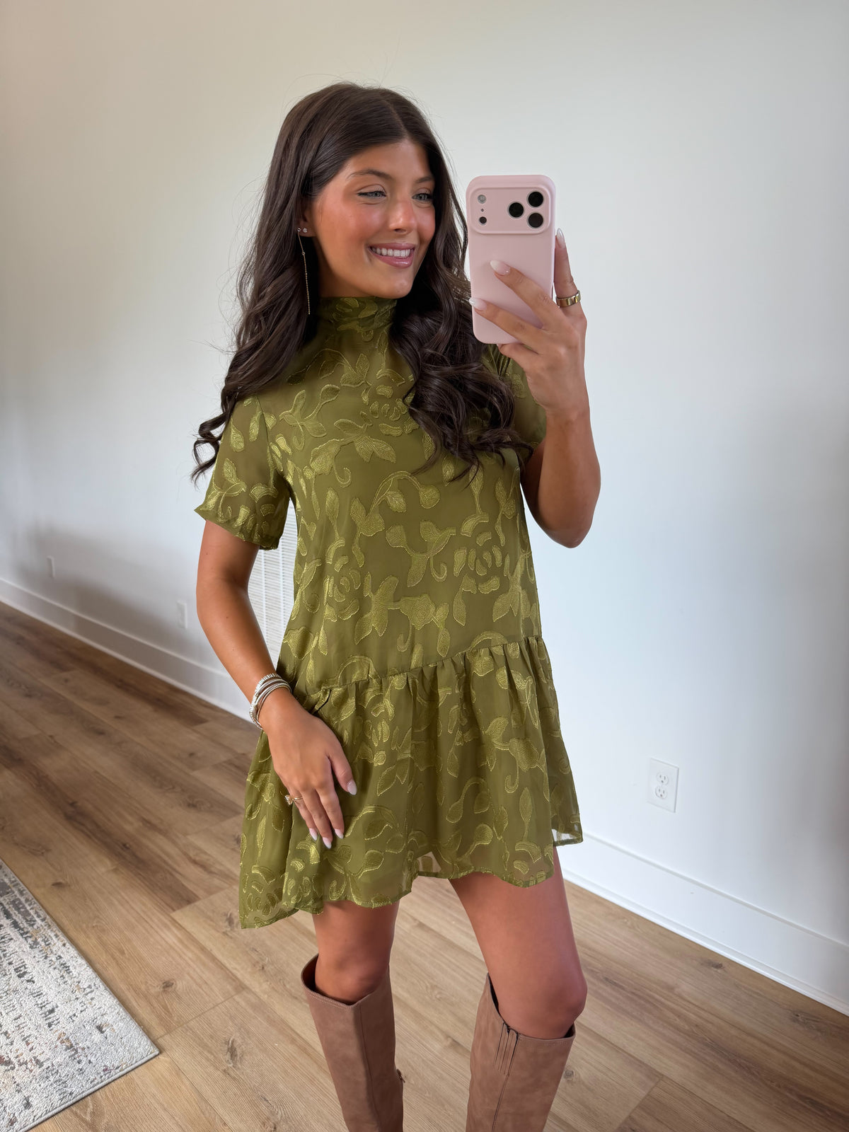 Olive Floral Jacquard Mini Dress