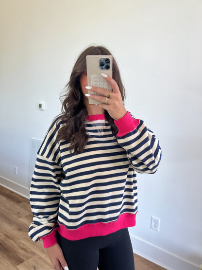 Stripe Colorblock Crewneck (Navy/Hot Pink)