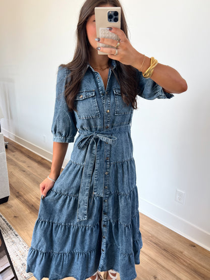 Denim Tiered Midi Dress