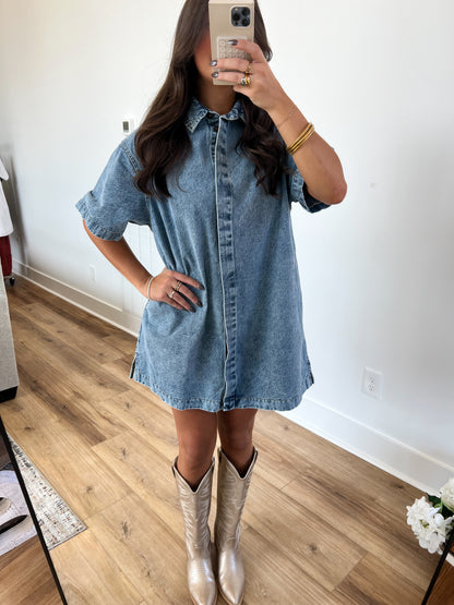 Hidden Button Down Denim T-Shirt Dress