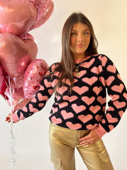 Black/Pink Heart Knit Sweater