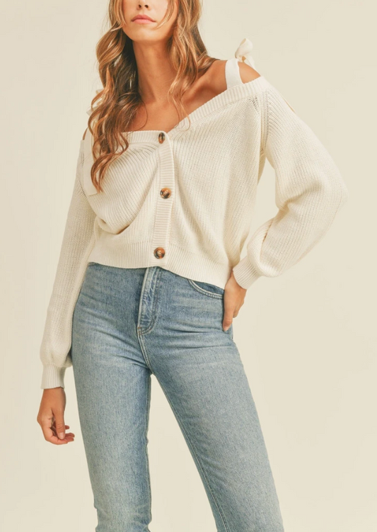 Off The Shoulder Tie Strap Sweater (Cream)