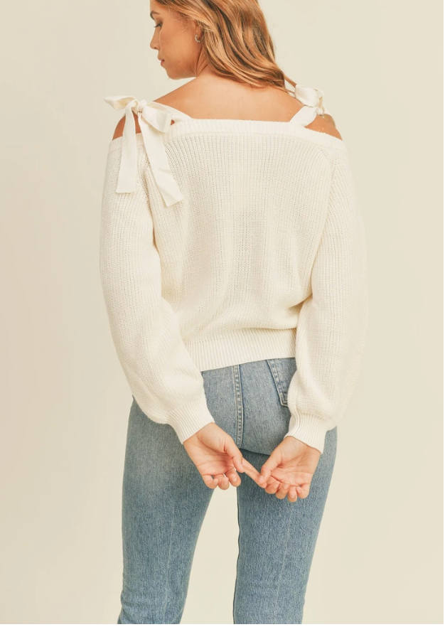 Off The Shoulder Tie Strap Sweater (Cream)