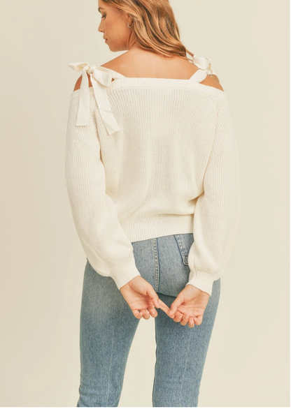 Off The Shoulder Tie Strap Sweater (Cream)