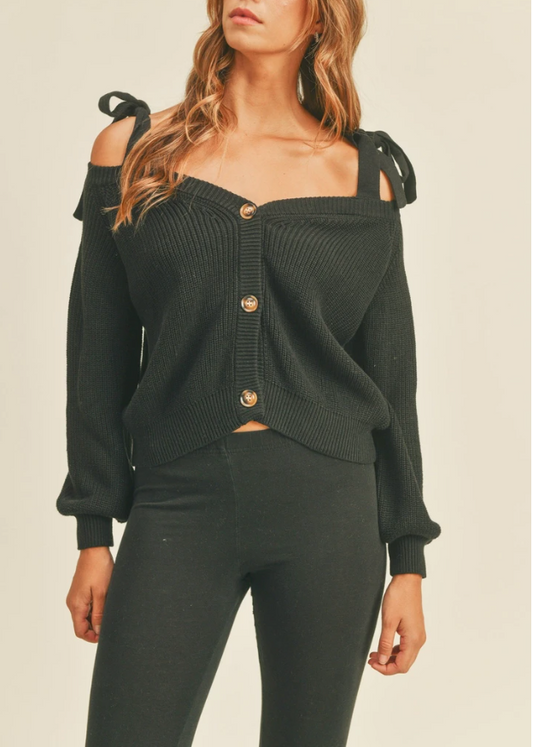 Off The Shoulder Tie Strap Sweater (Black)